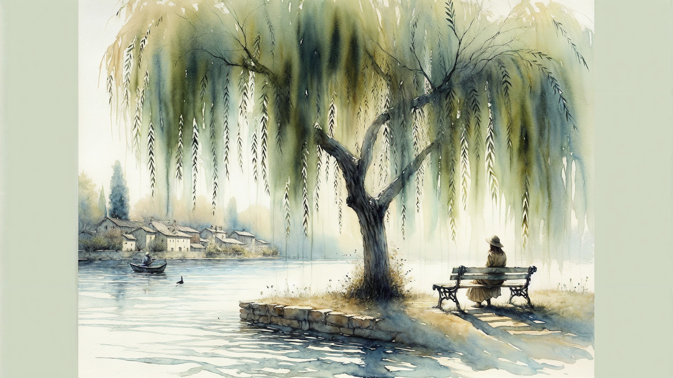 Tranquil Watercolor Riverside Scene with Willow Tree