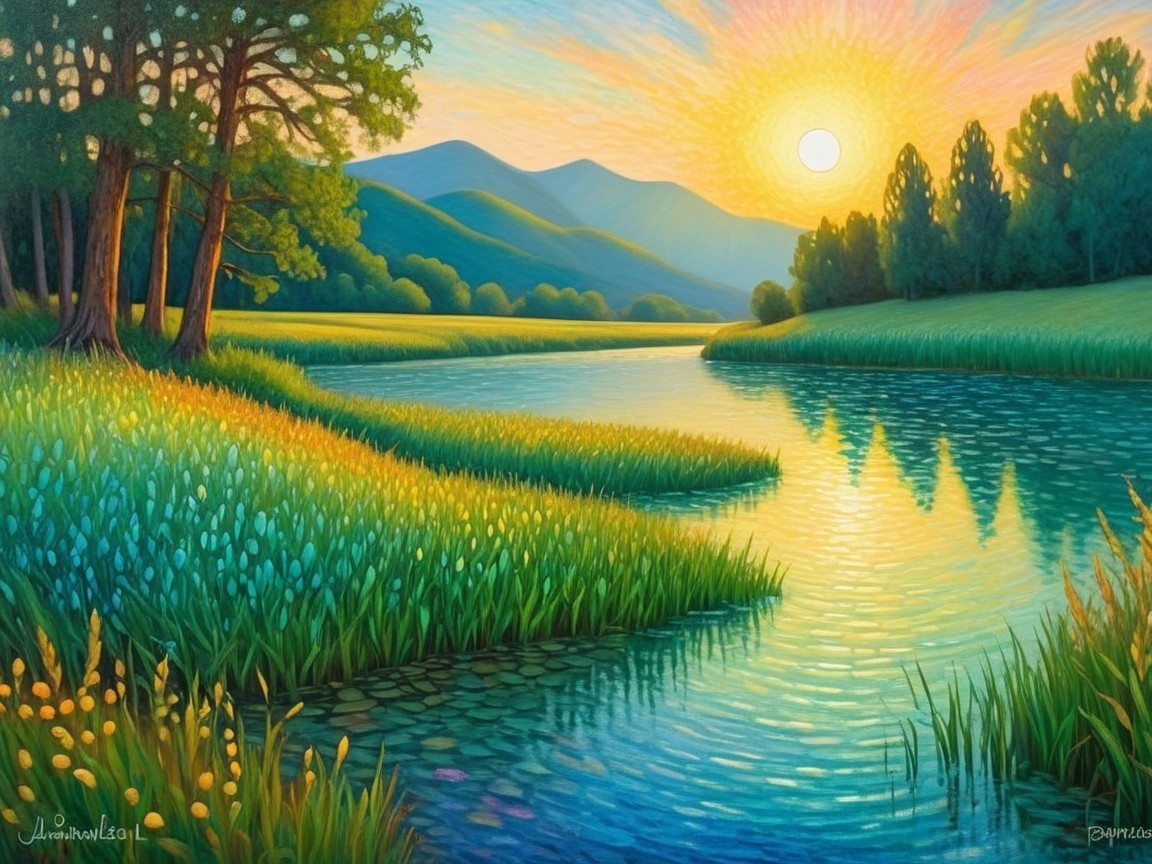 Serene Sunrise Landscape with River and Mountains