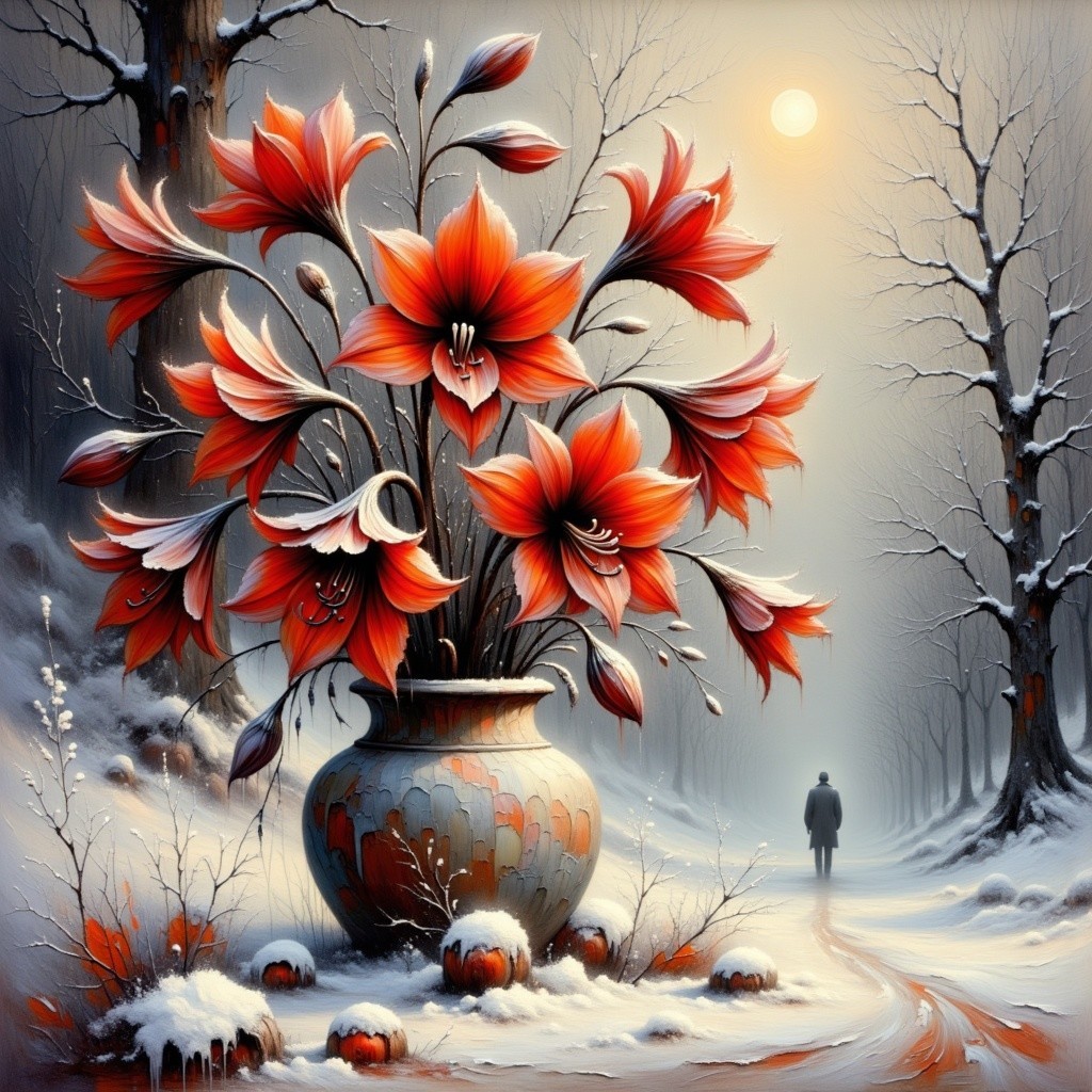 Winter Landscape with Red Amaryllis Flowers