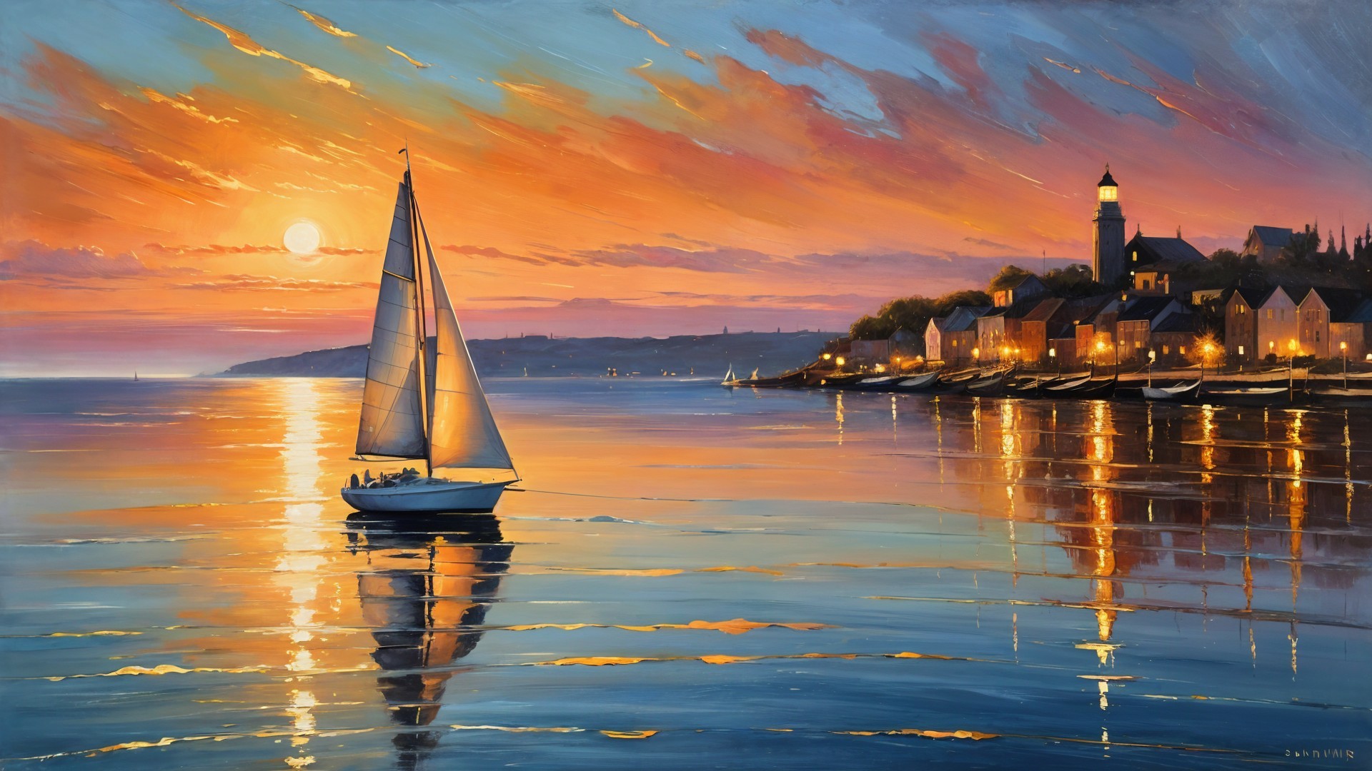Serene sunset with sailboat and tranquil town silhouette