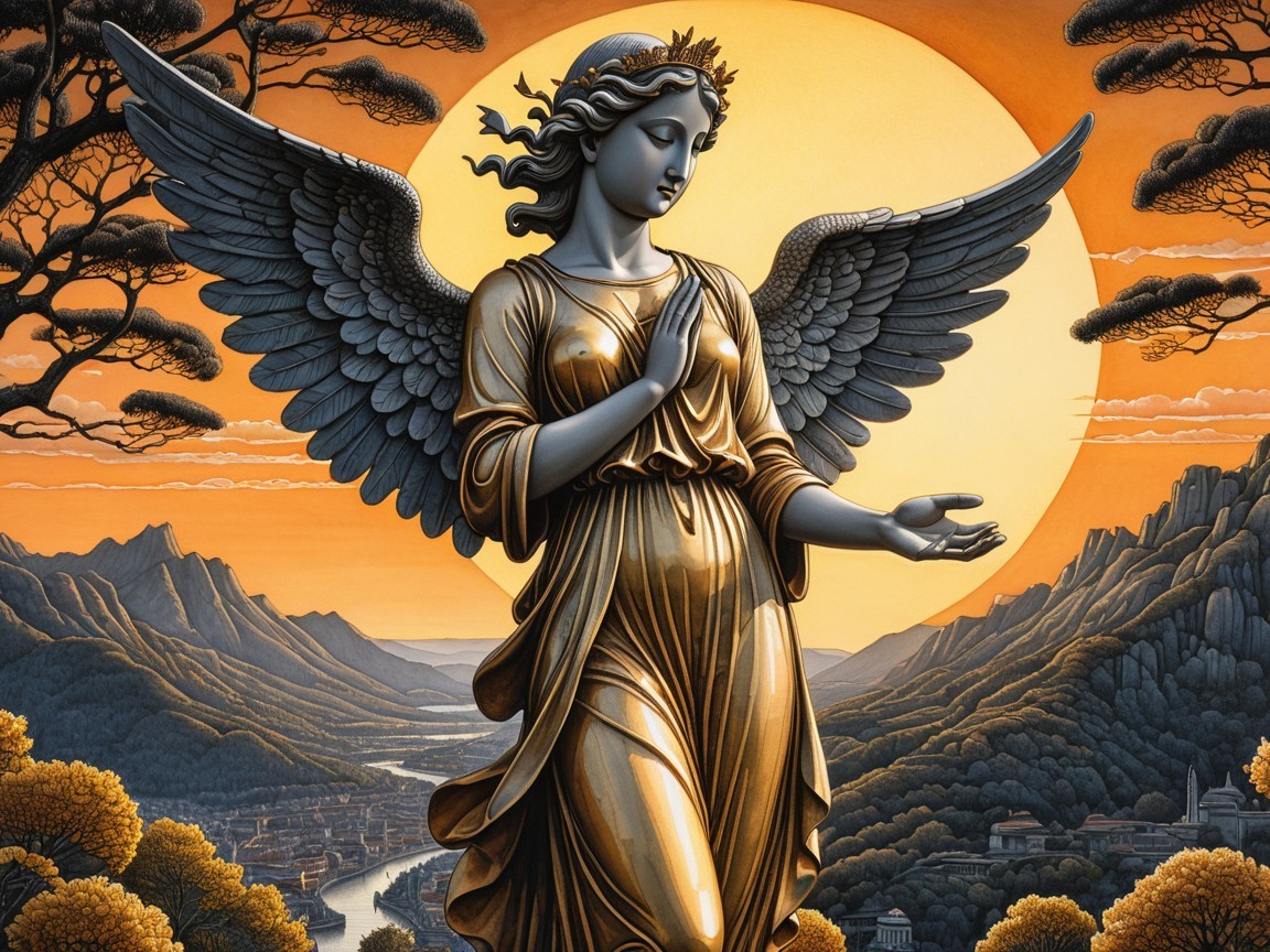 Angel with Flowing Wings Against Vibrant Sunset