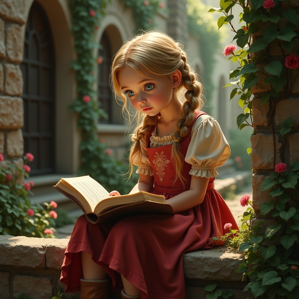 Young girl in red dress reading among blooming roses