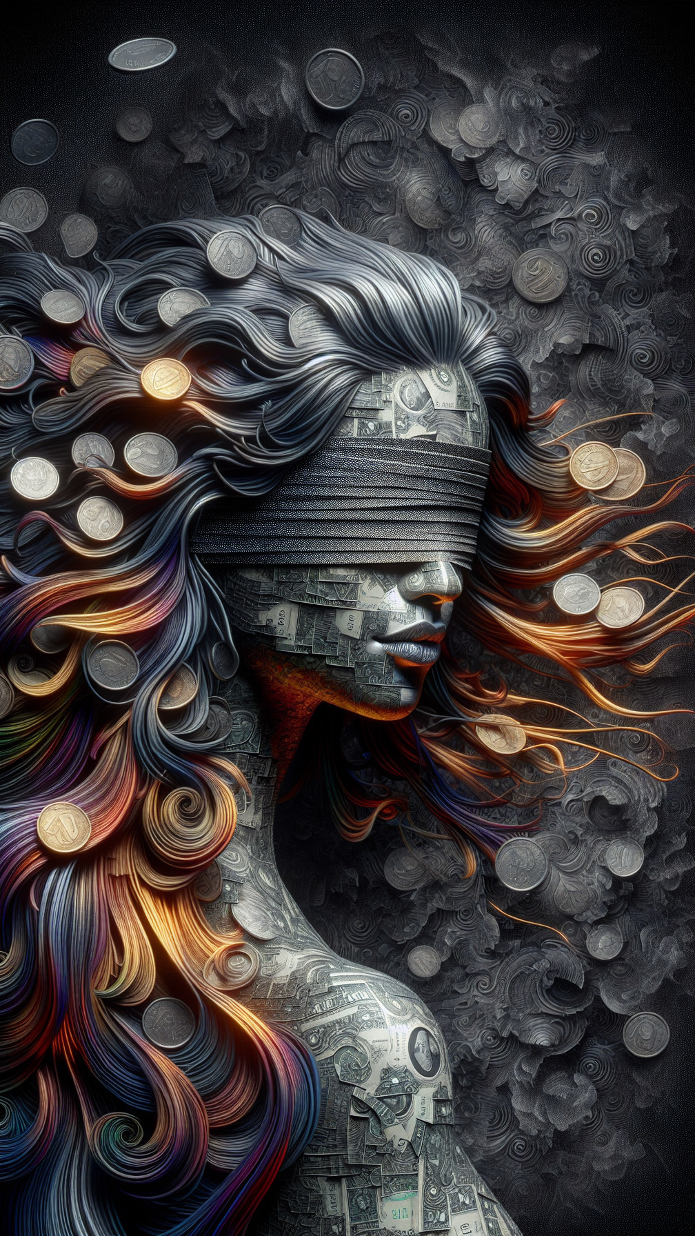 Stylized Woman Figure with Currency Patterns and Clouds