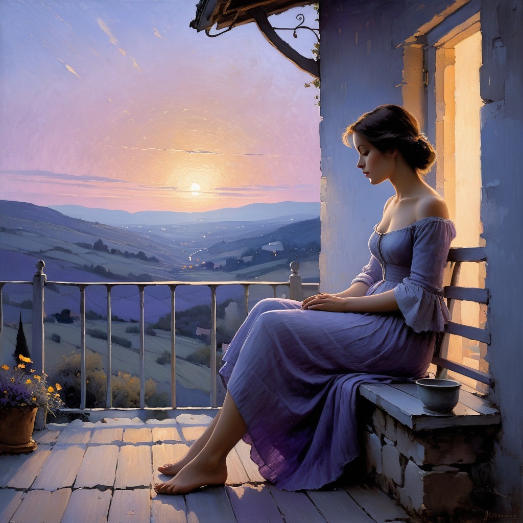 High-angle oil painting of a woman on a balcony