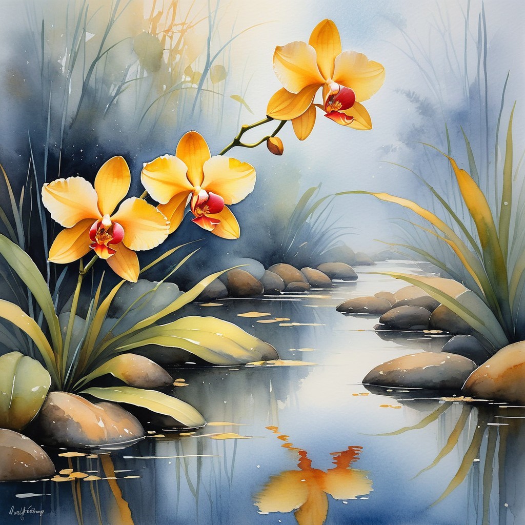 Watercolor Scene of Yellow Orchids by a Stream