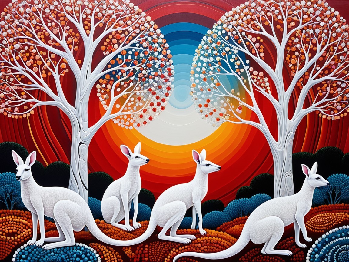 Abstract Landscape with White Kangaroos and Trees