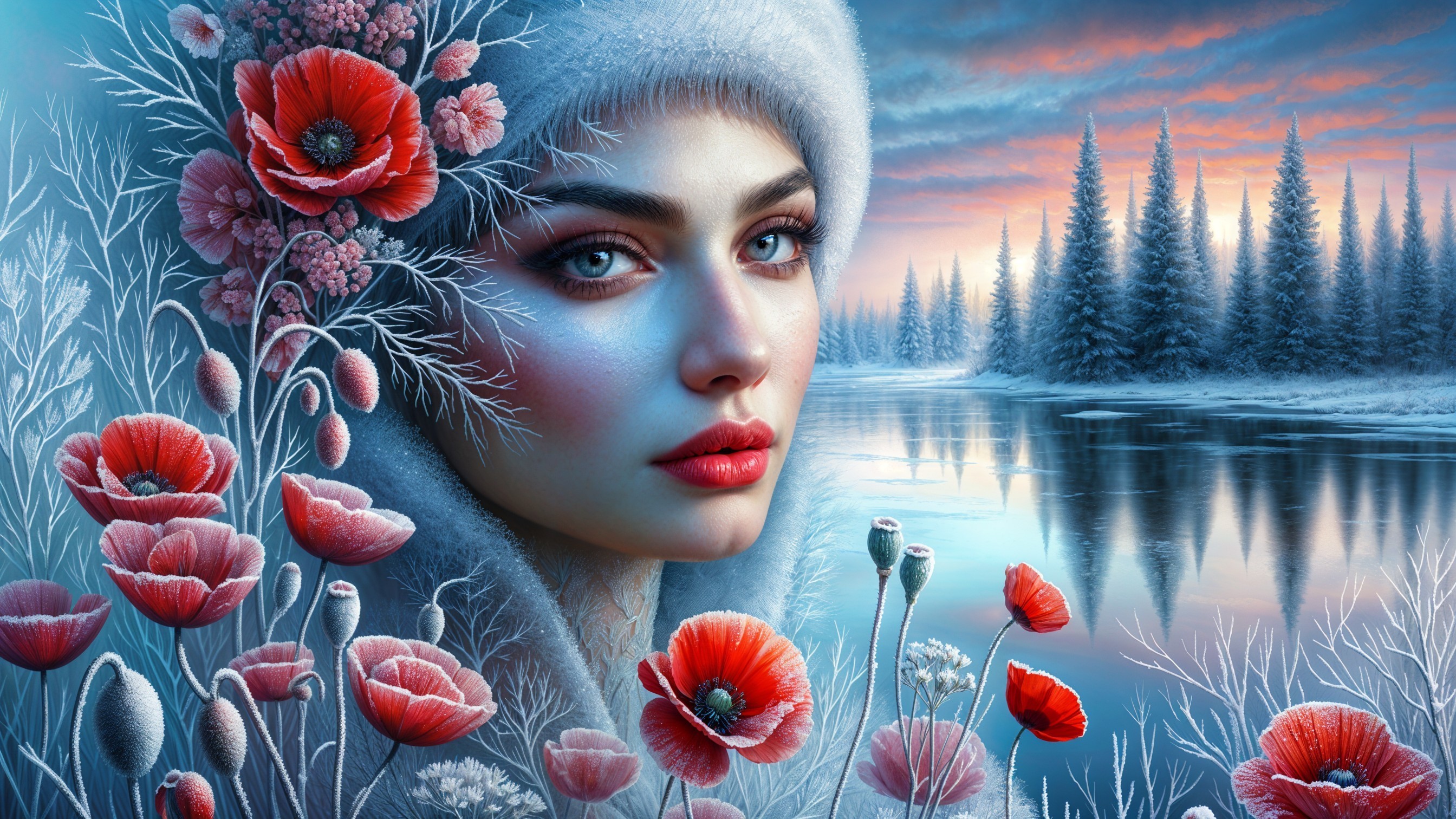 Winter Scene with Frosted Face and Poppies