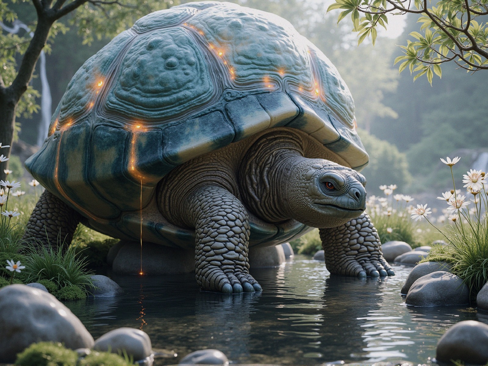 Whimsical Turtle by a Calm Reflective Stream