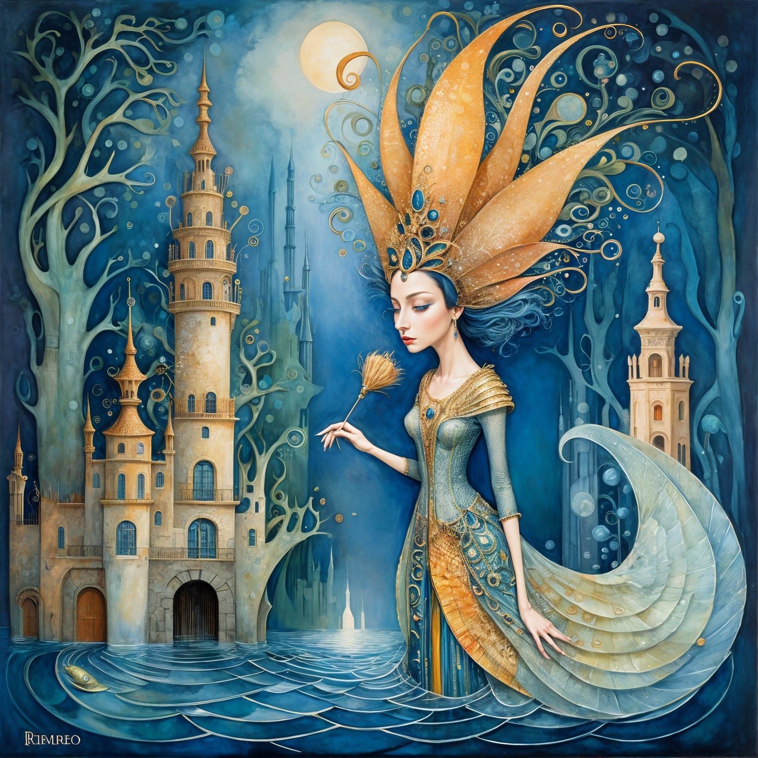 Enchanting Woman by Shimmering Water and Castle