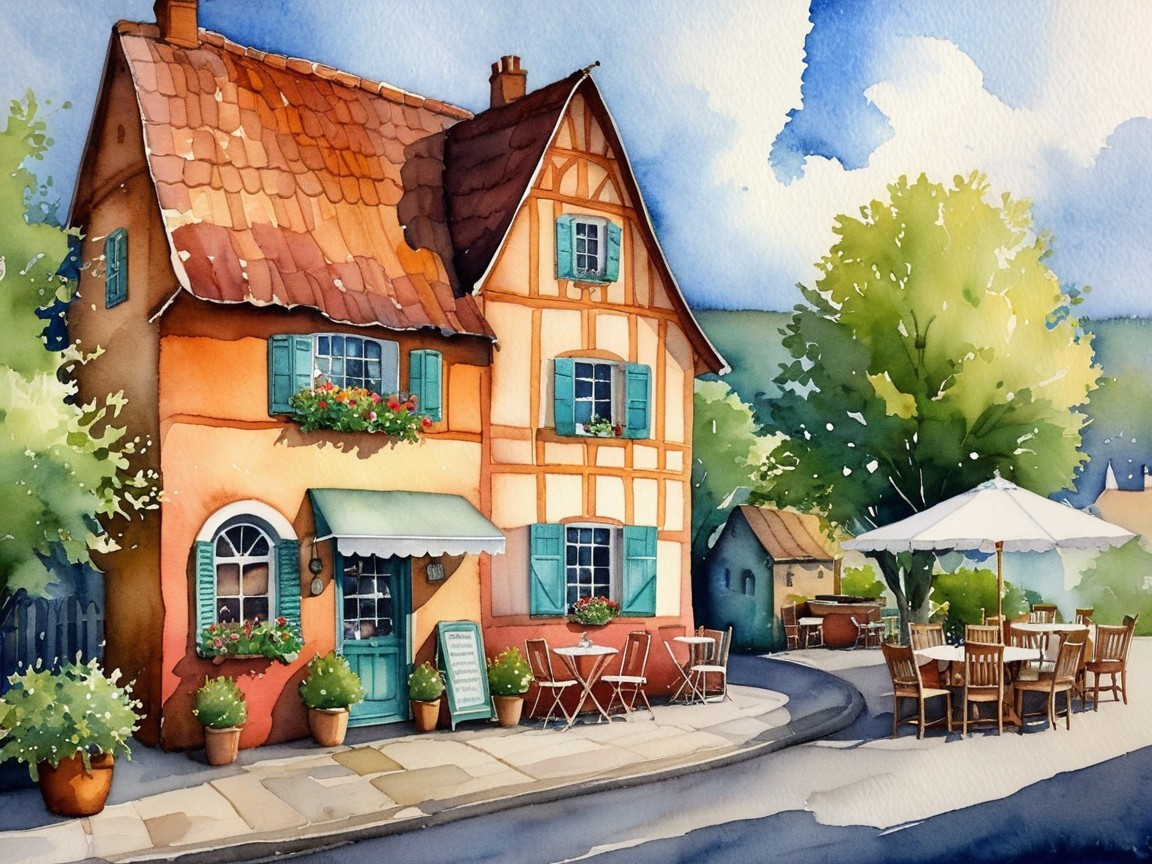 Watercolor Illustration of a Quaint Cottage Café