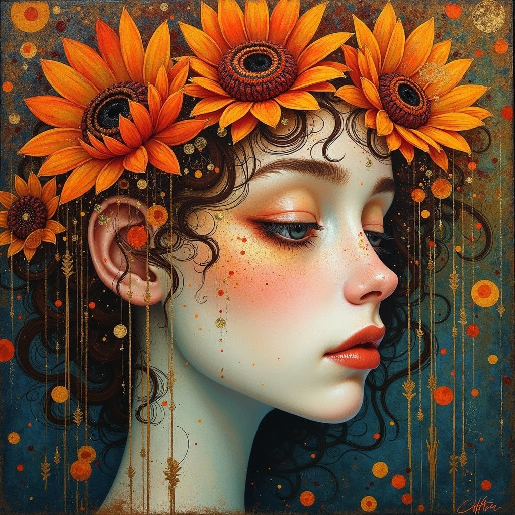 Woman with Sunflower Crown and Textured Background