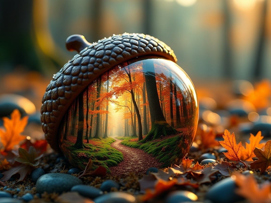 Acorn on Pebbles with Autumn Forest Reflection