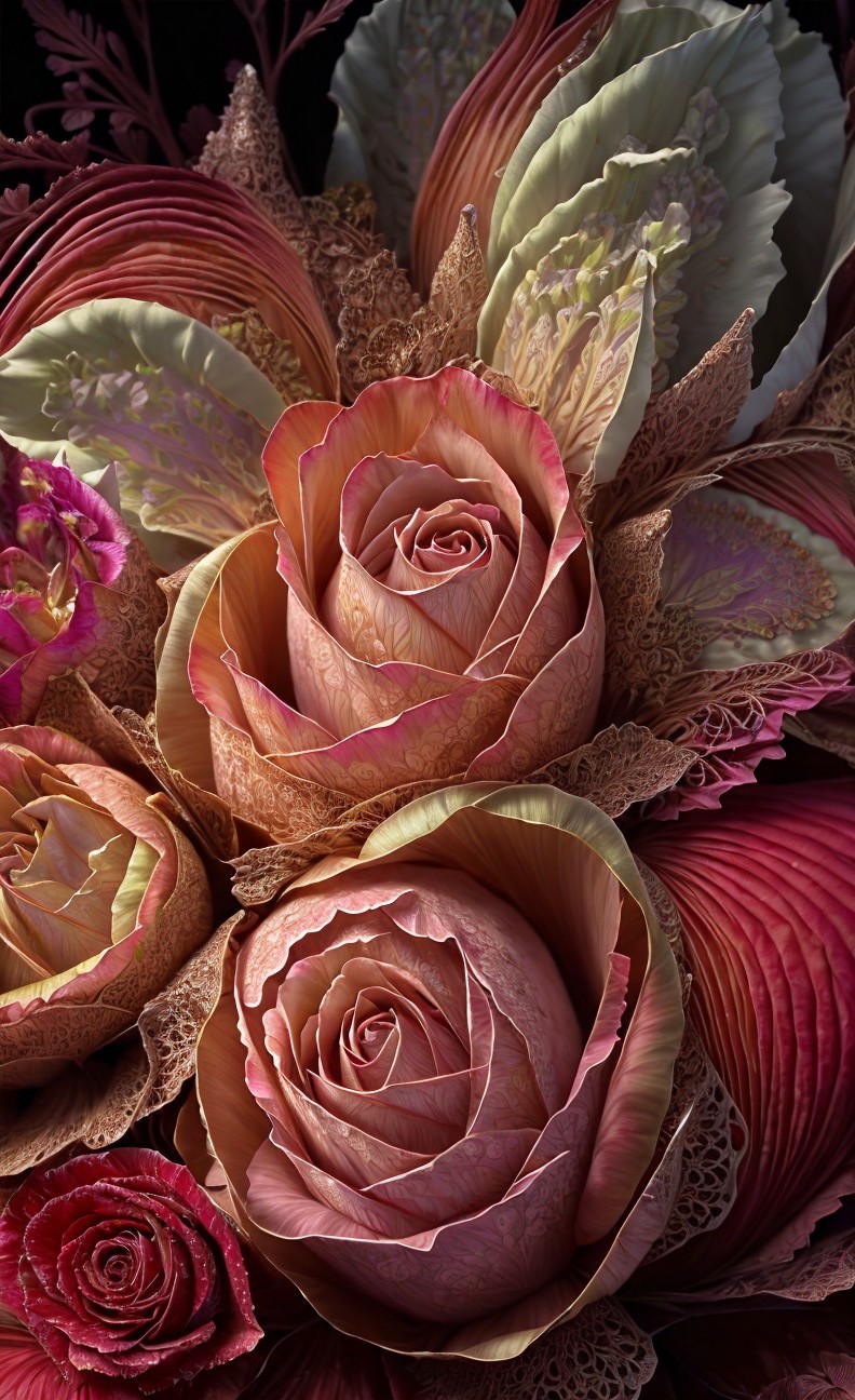 Intricate Floral Arrangement with Pink Roses and Leaves