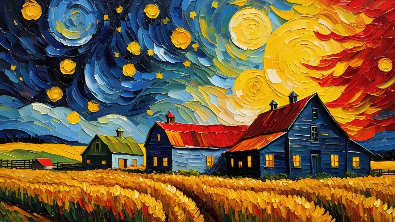 Vibrant Night Sky with Moon and Farmhouses Scene
