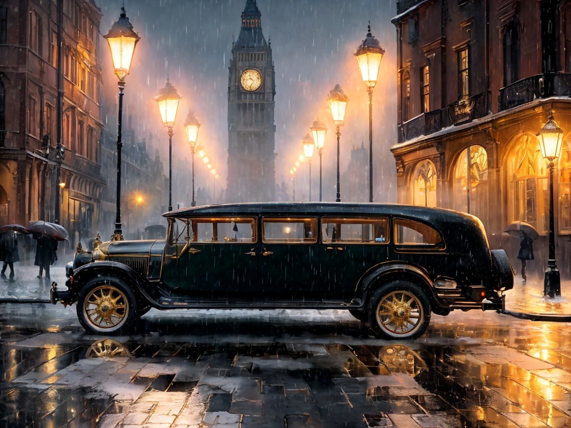 1920s Limousine in Rainy London with Big Ben