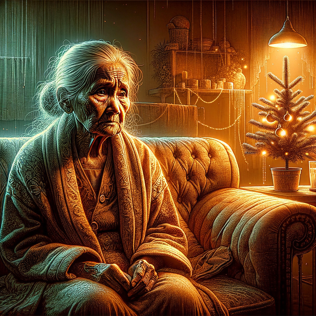 Elderly Woman on Couch with Split Lighting and Decor