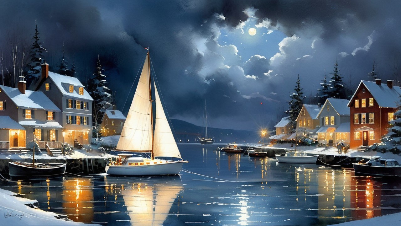 Winter Nighttime Scene of New England Harbor Village