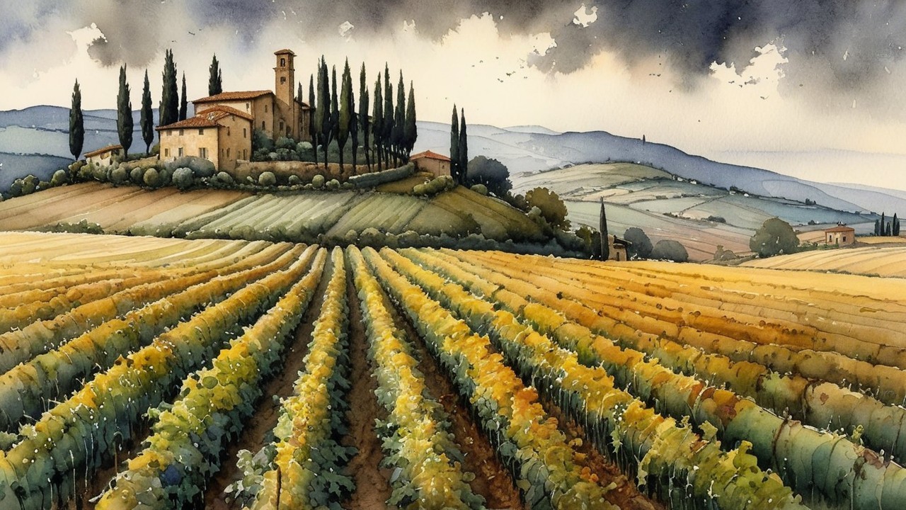 Tuscany Vineyard Landscape with Italian Villa and Cypress Trees