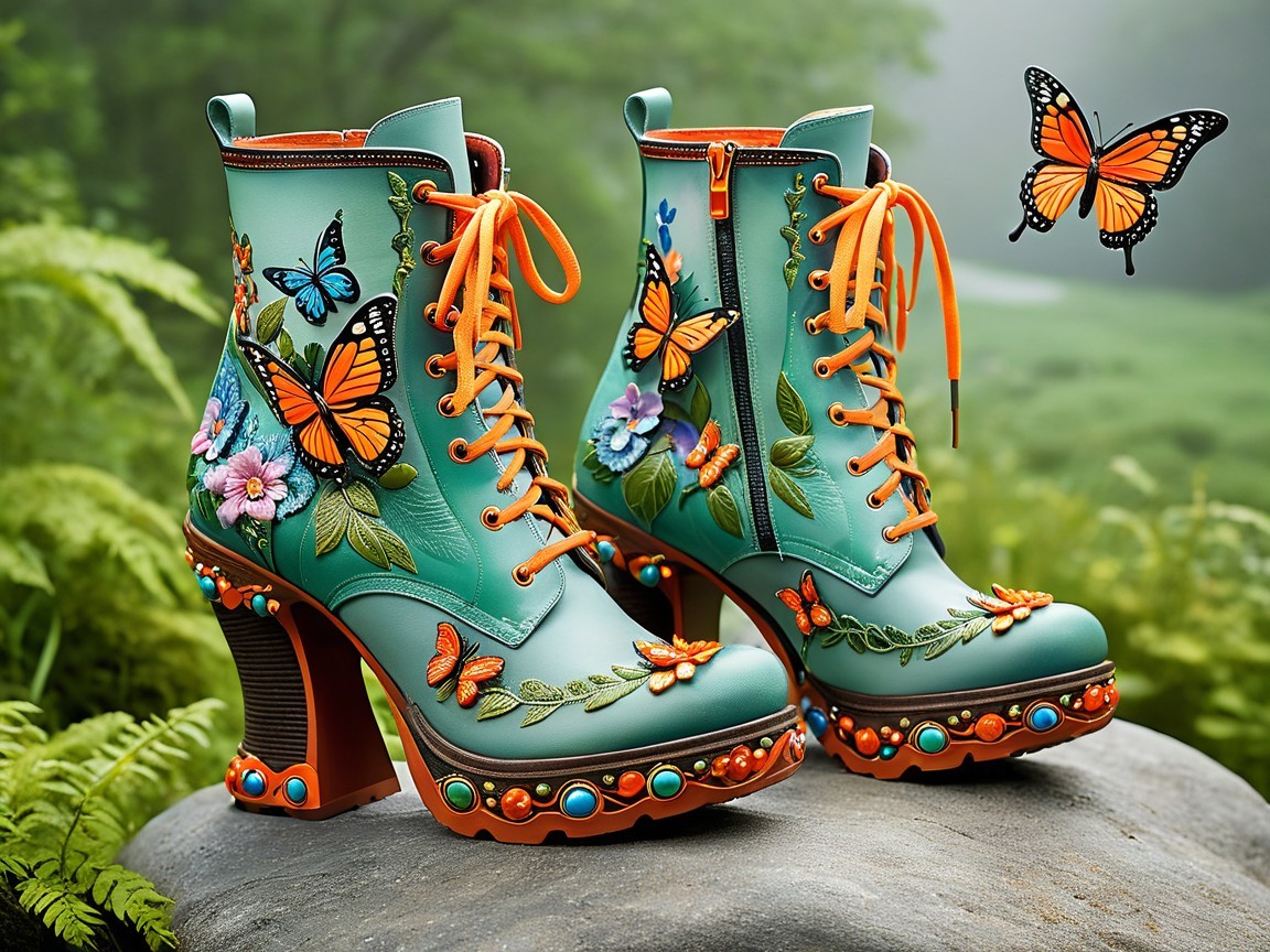 Vibrant Turquoise High-Heeled Boots with Butterflies
