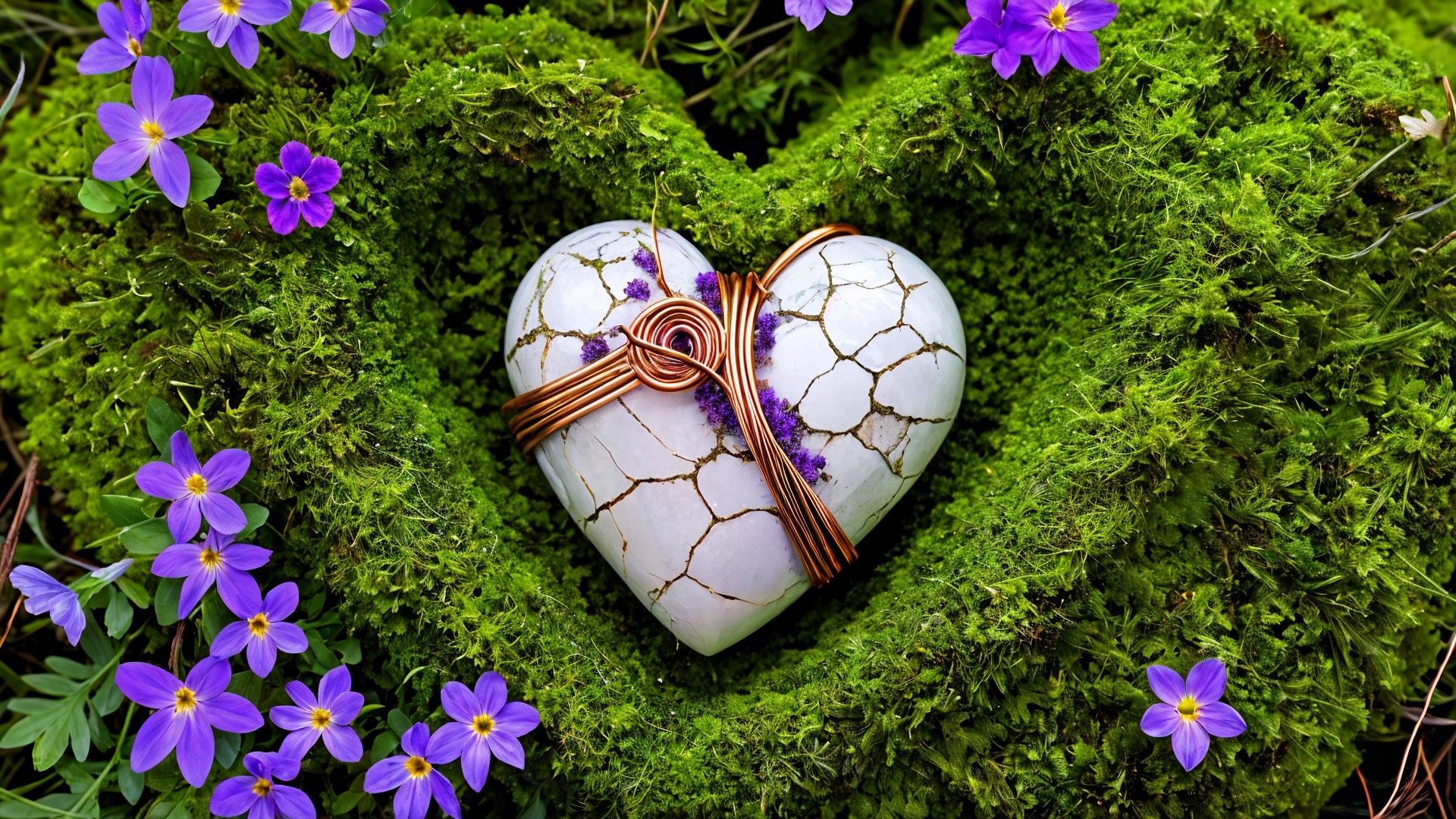 Heart-shaped stone with copper wrap on green moss