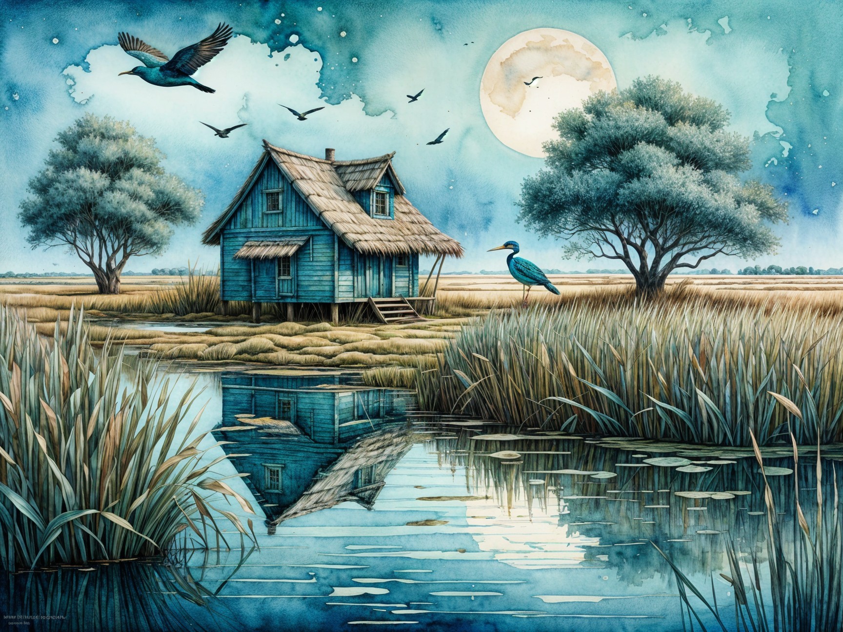 Rustic Blue House by Tranquil Marsh in Watercolor