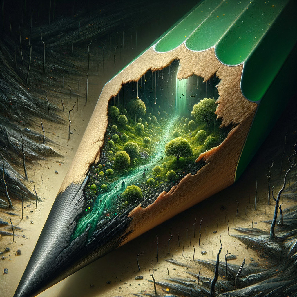 Large Green Pencil with Miniature Landscape Inside