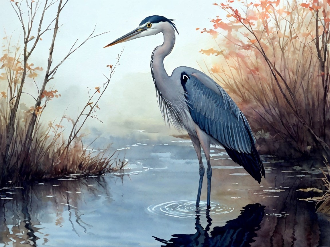 Watercolor Heron in Tranquil Autumn Pool Scene