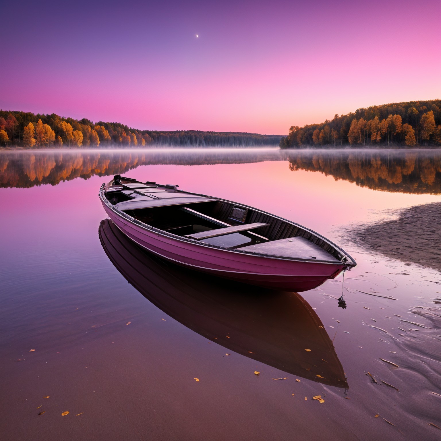 Lone Boat on Calm Lake at Dawn with Autumn Foliage