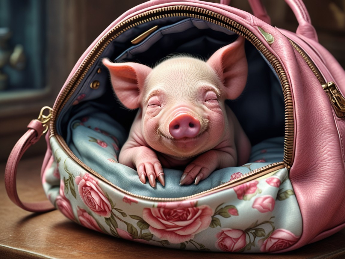 Cheerful Piglet in Floral Handbag with Soft Interior