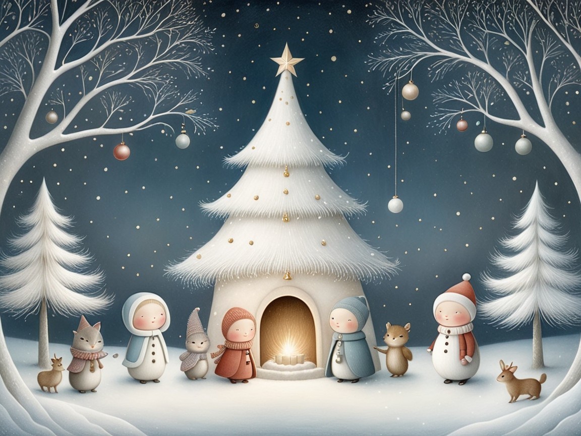 Cozy Winter Cottage Scene with Children and Animals