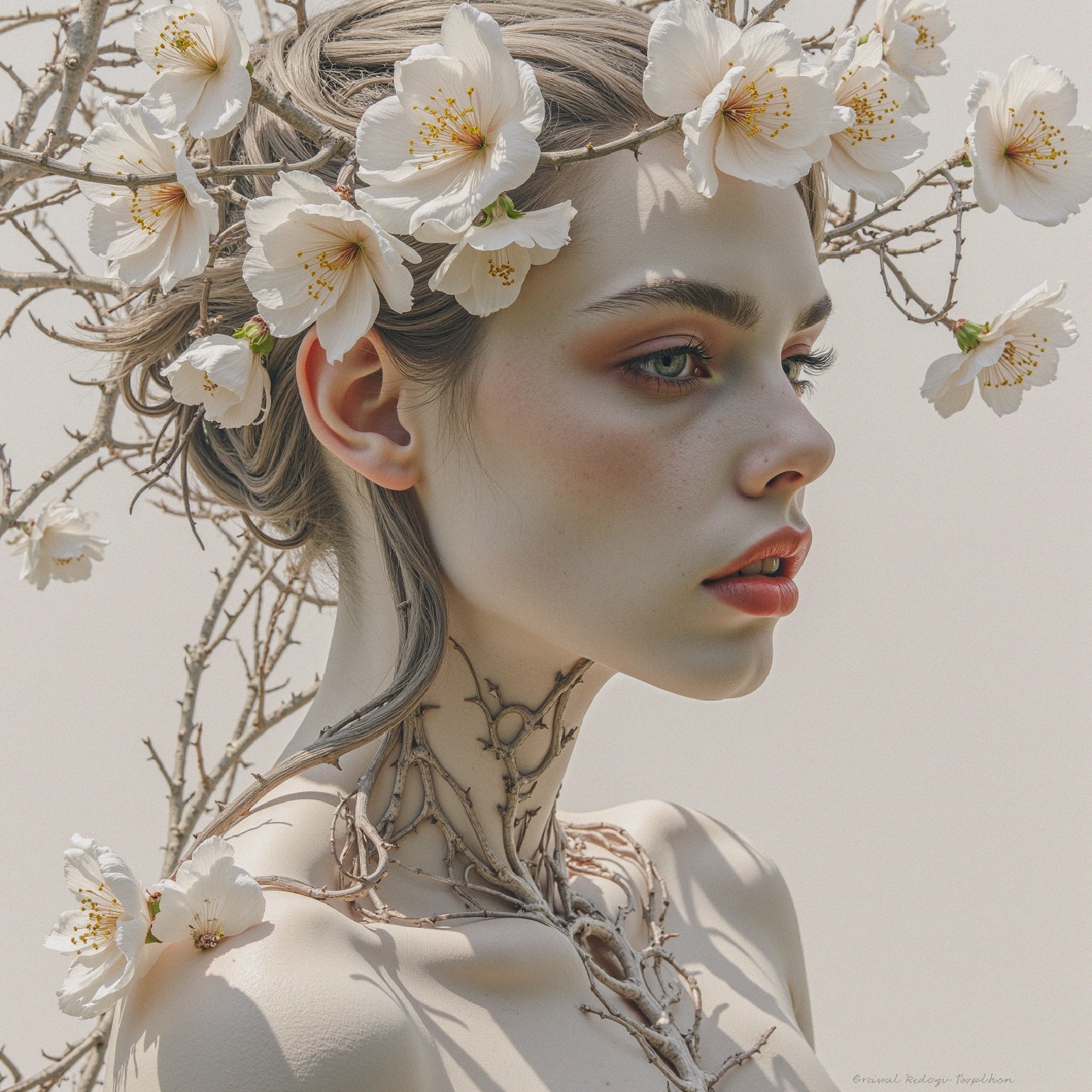 Portrait of a Young Woman with Floral Crown and Vines