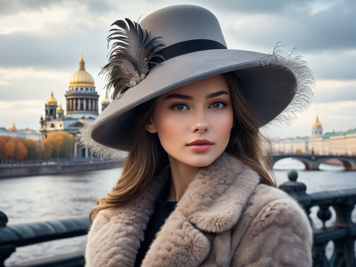 Young woman by river in stylish hat and fur coat