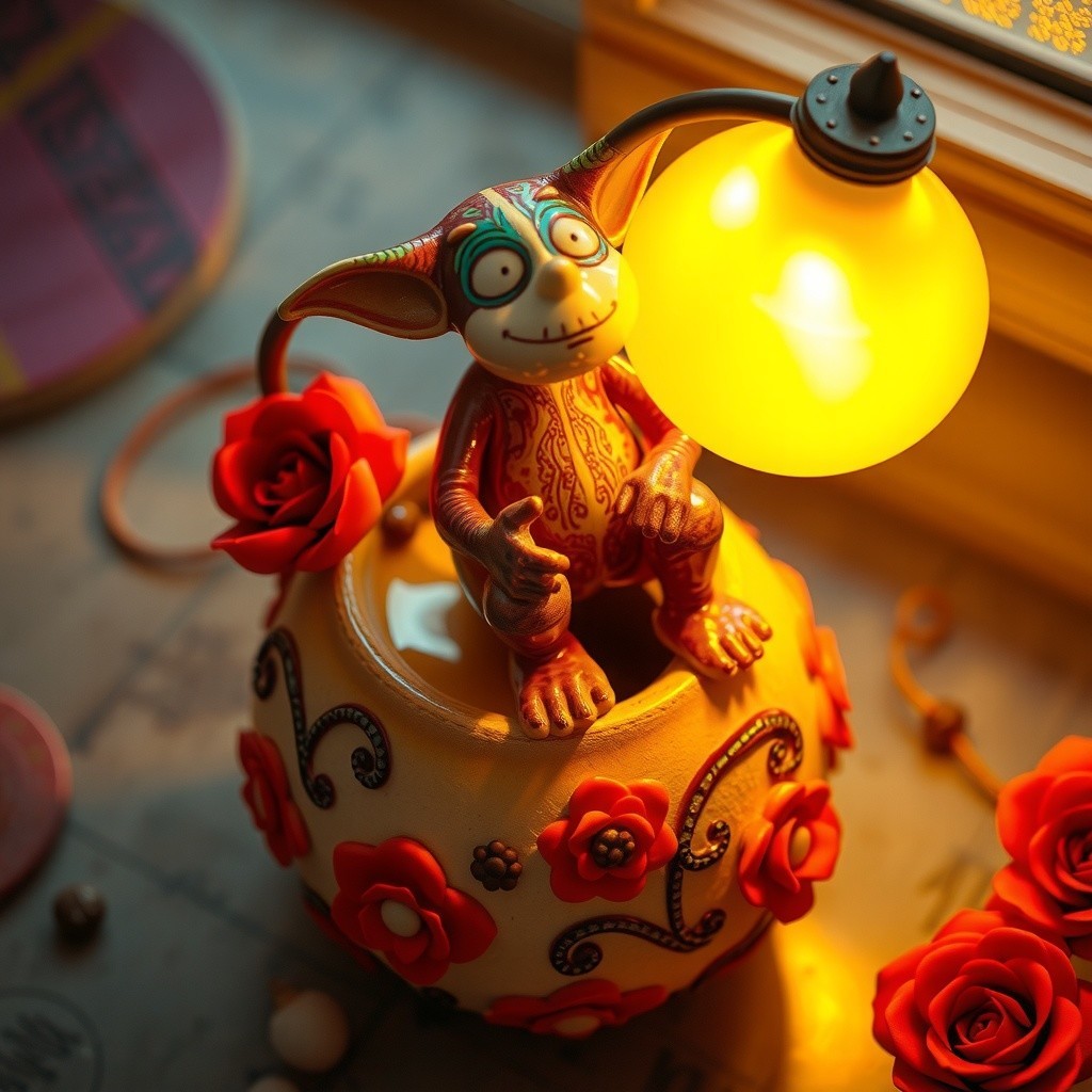 Whimsical Lamp with Playful Creature and Floral Design