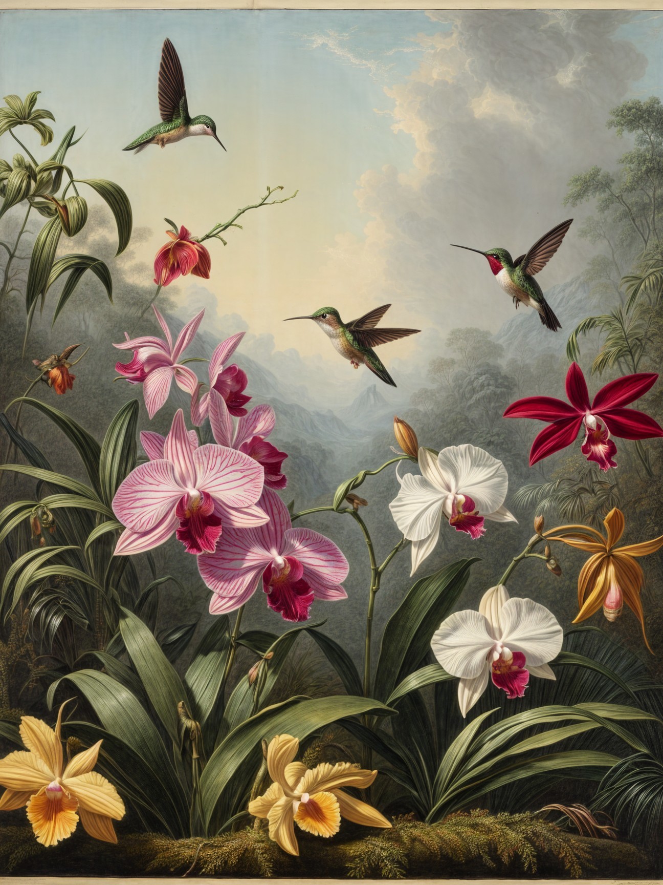 Hummingbirds and Orchids in a Serene Landscape