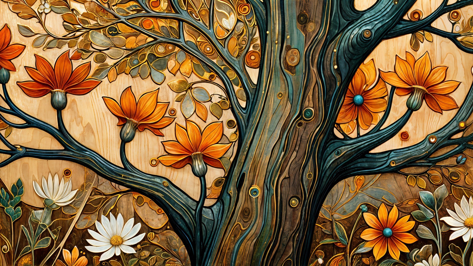 Intricately Carved Tree with Vibrant Flowers and Foliage