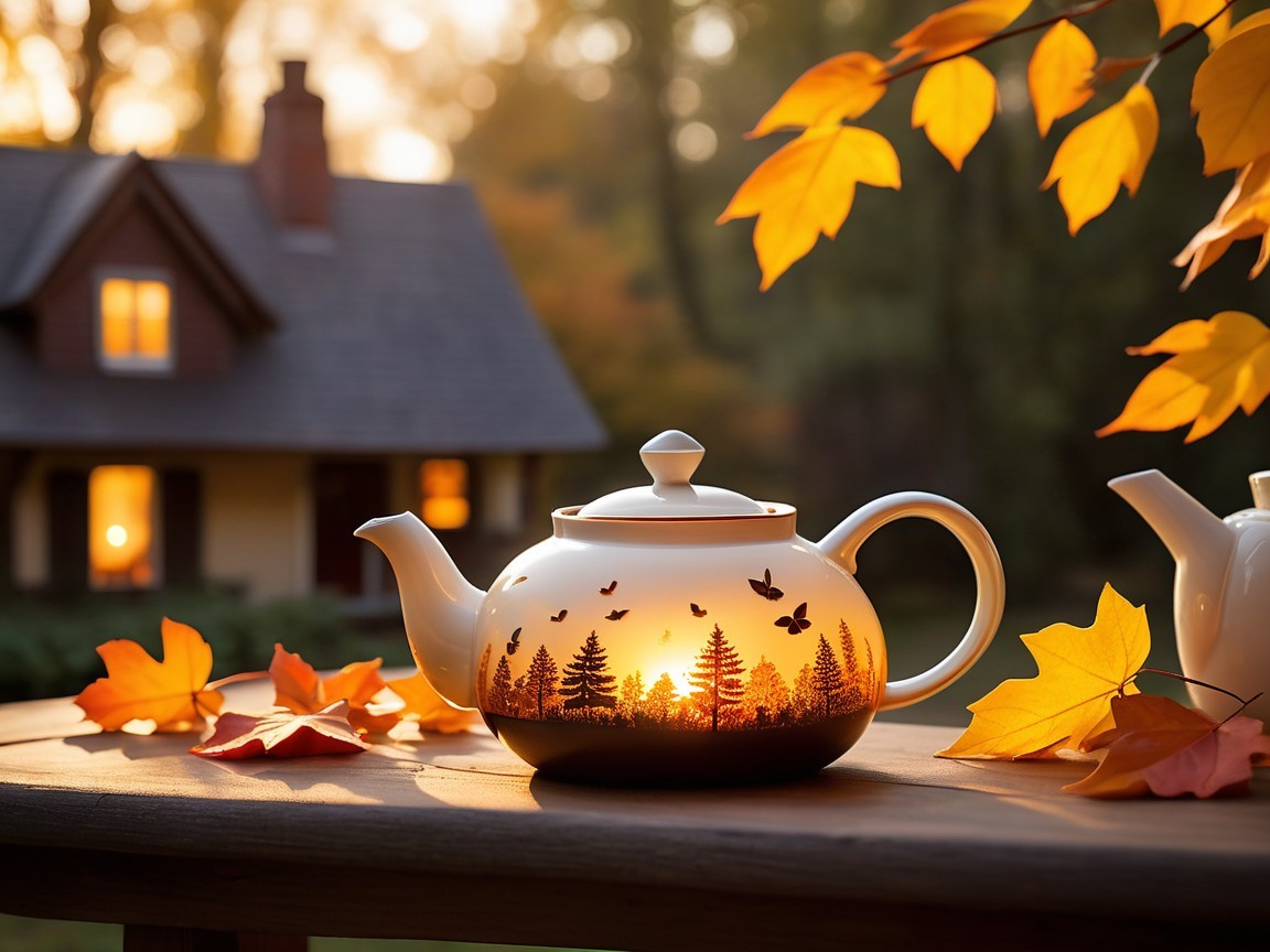 Whimsical Teapot Surrounded by Autumn Leaves and Nature