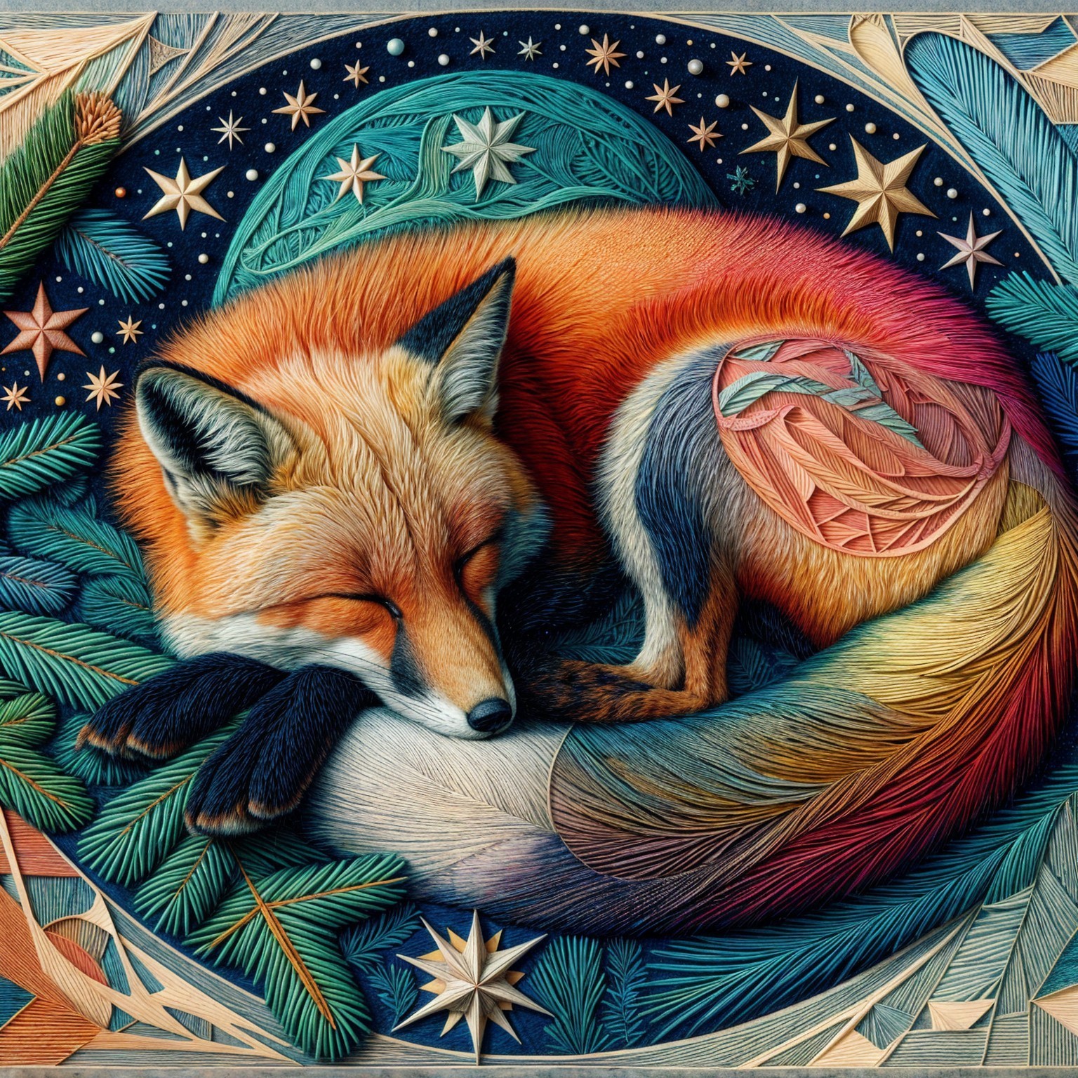 Sleeping fox surrounded by vibrant colors and stars