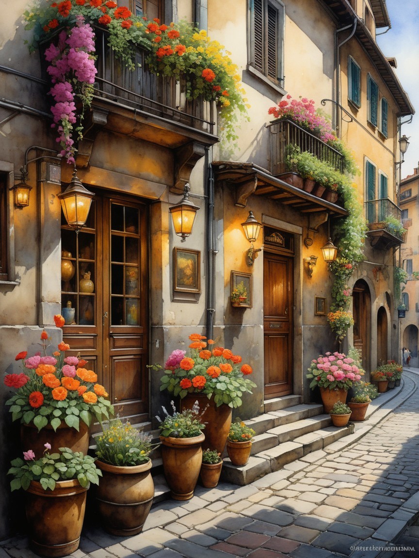 Charming Cobblestone Street with Flower Pots and Lanterns