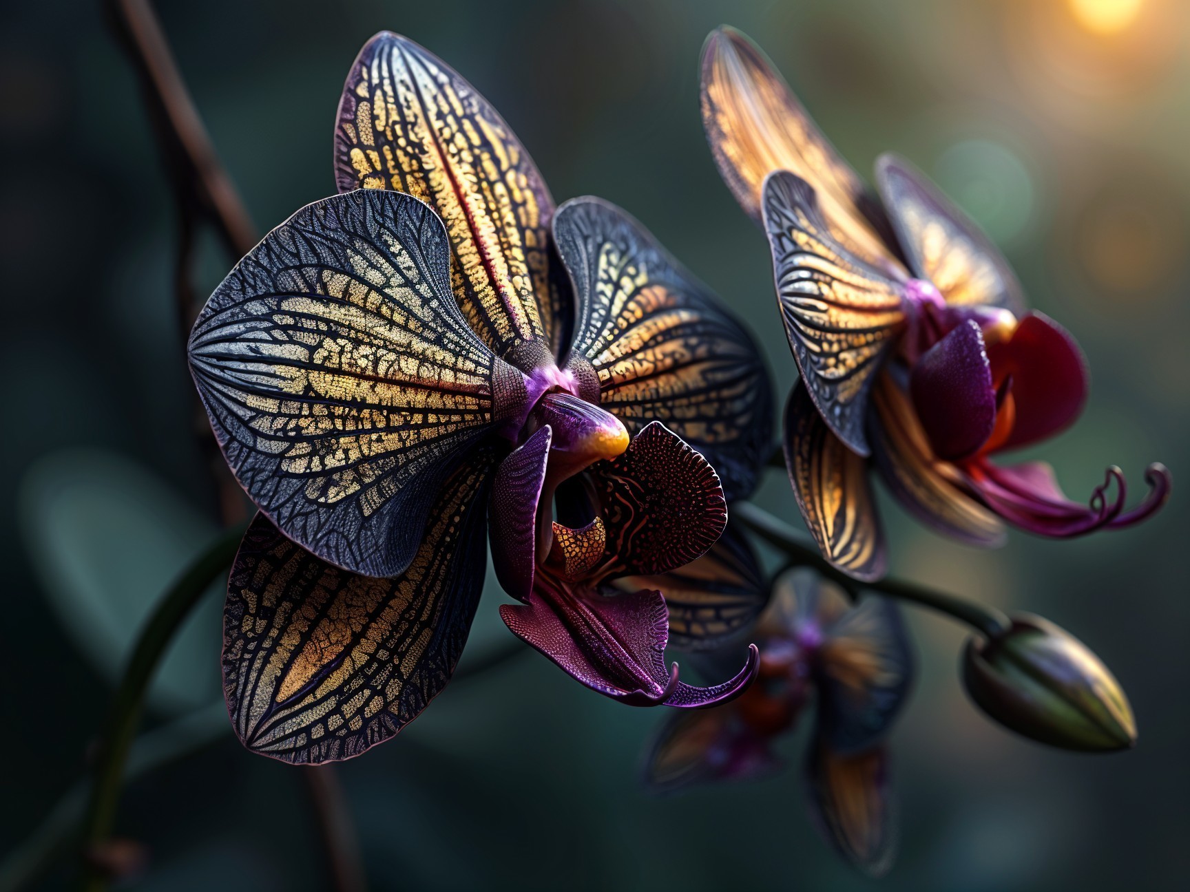 Close-up of an exquisite orchid with gold and purple hues