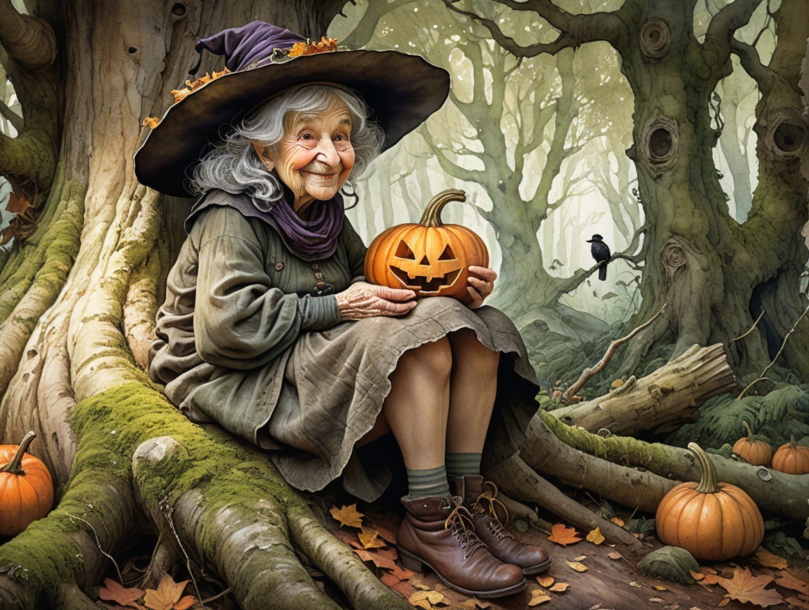 Elderly Woman with Pumpkin in Misty Forest Setting