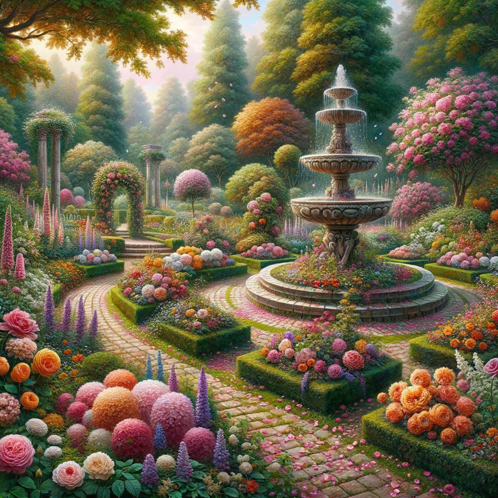 Vibrant Garden Scene with Stone Fountain and Blooms