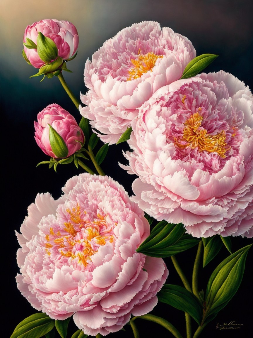 Blooming Pink Peonies in Dark Background Artwork