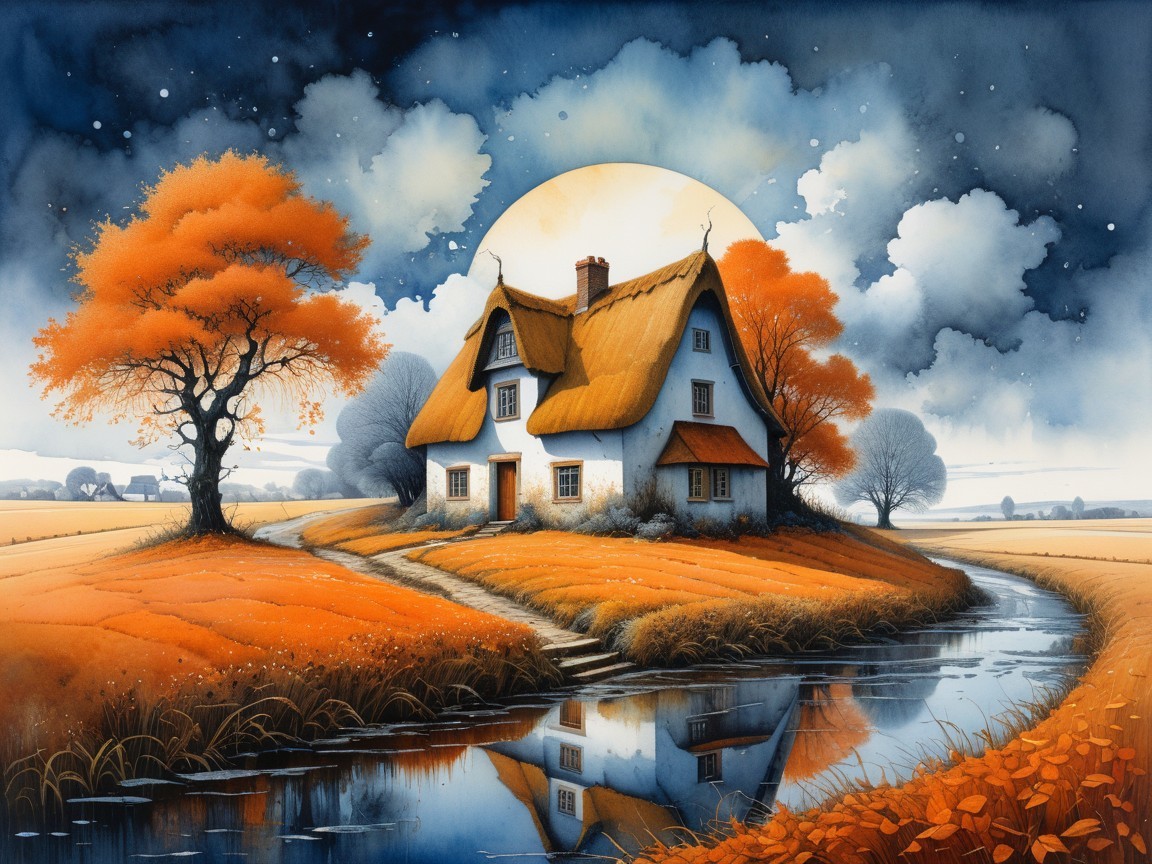 Cottage Surrounded by Autumn Foliage and River Reflection