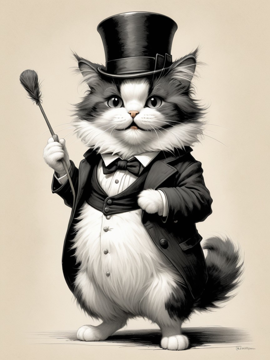 Dapper Cat in Tuxedo with Top Hat and Wand Accessory