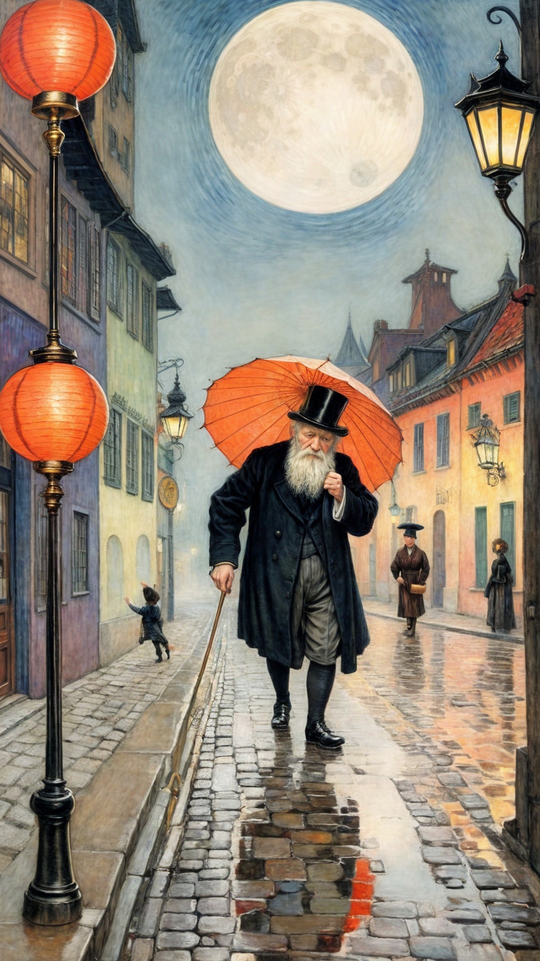 Man with Top Hat and Red Umbrella on Cobblestone Street