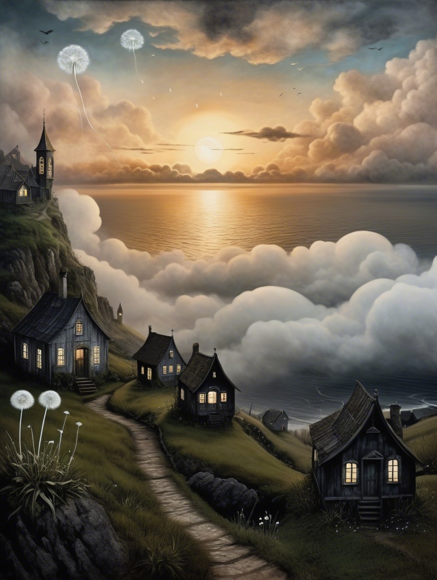 Serene Landscape with Cottages and Tranquil Ocean
