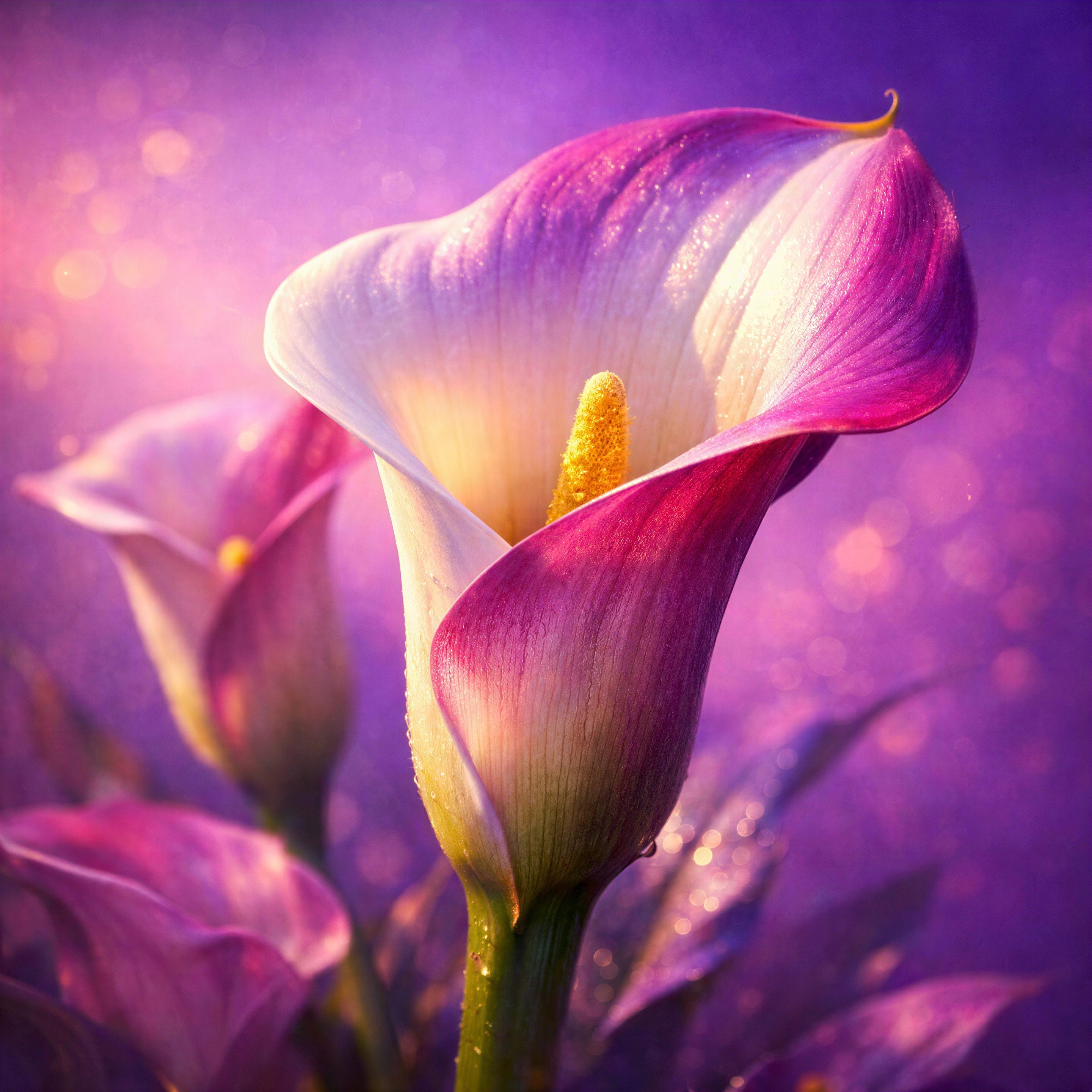 Close-up of White and Purple Calla Lily with Dew Drops
