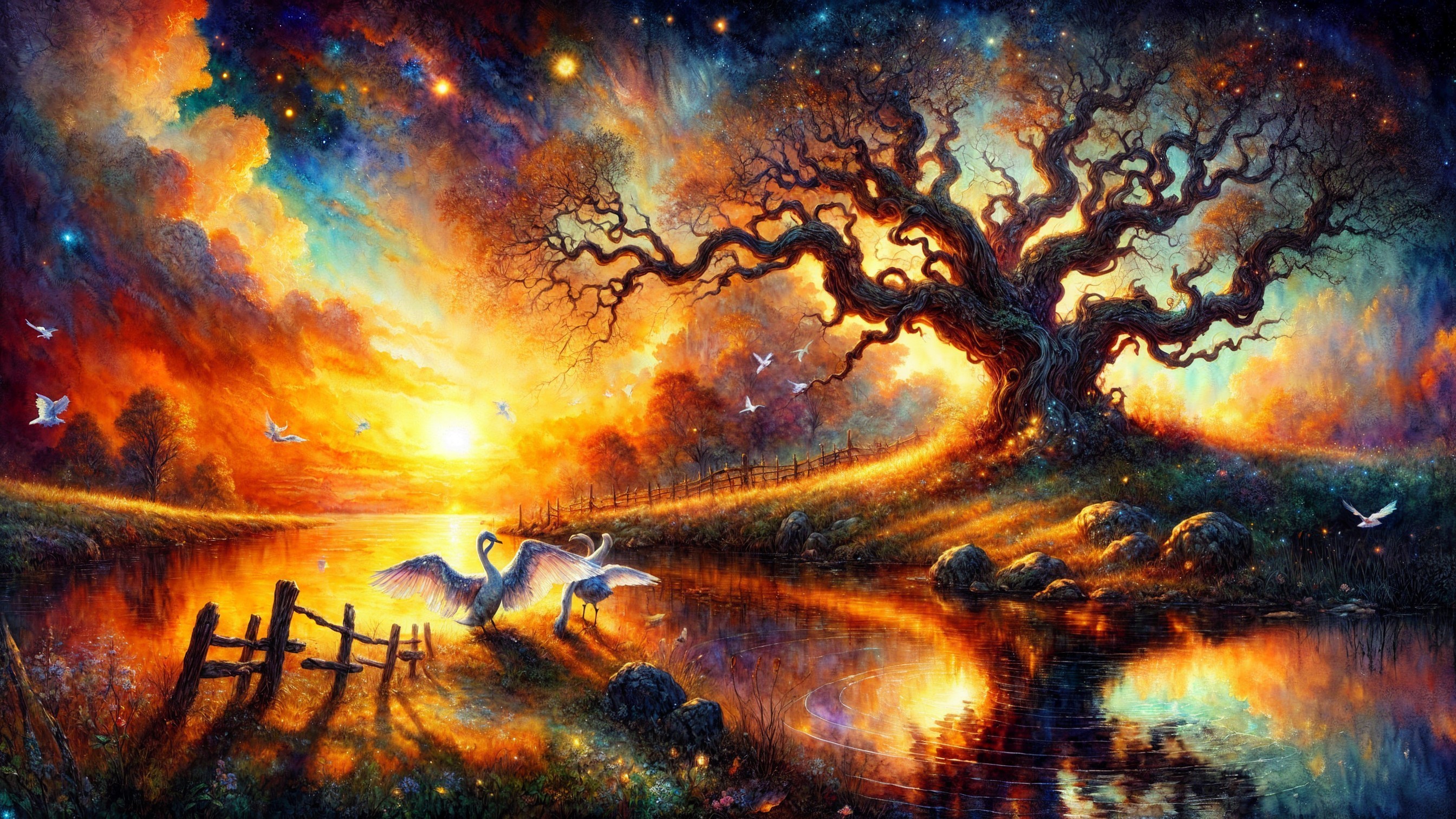 Surreal Landscape with Tree, Swans, and Sunset Glow