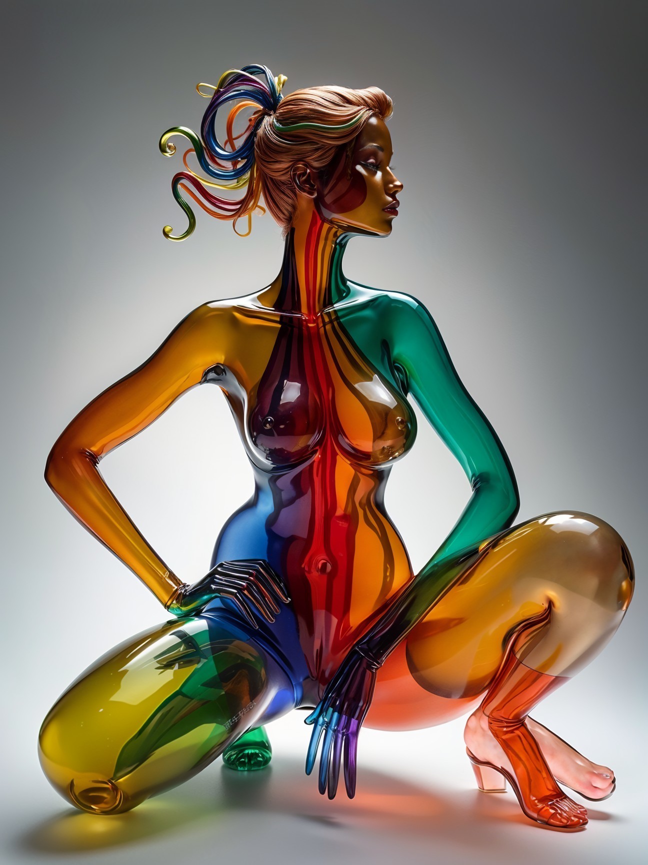 Glass Sculpture of Crouching Female Figure in Colorful Gradient