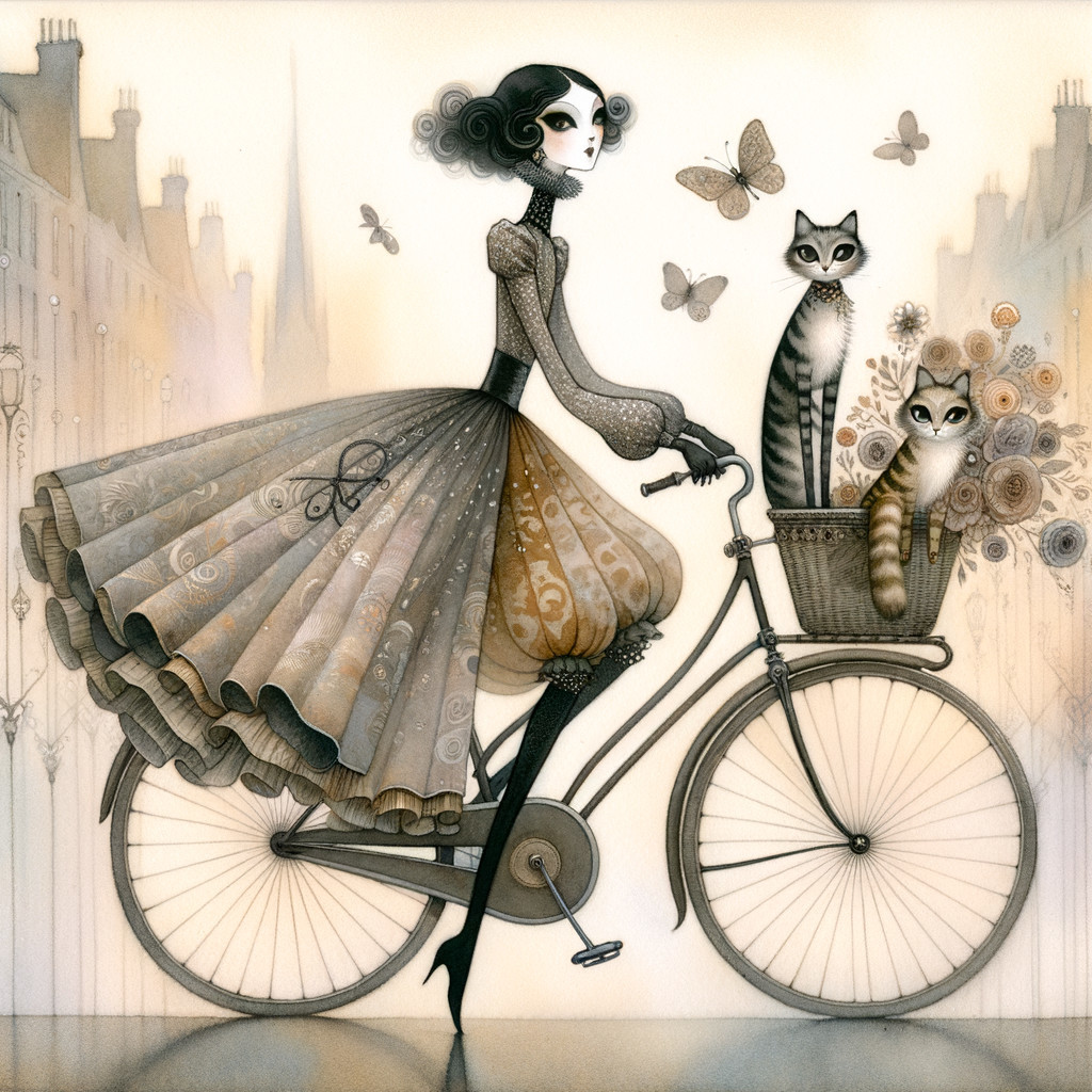 Whimsical illustration of a woman on a bicycle with cats
